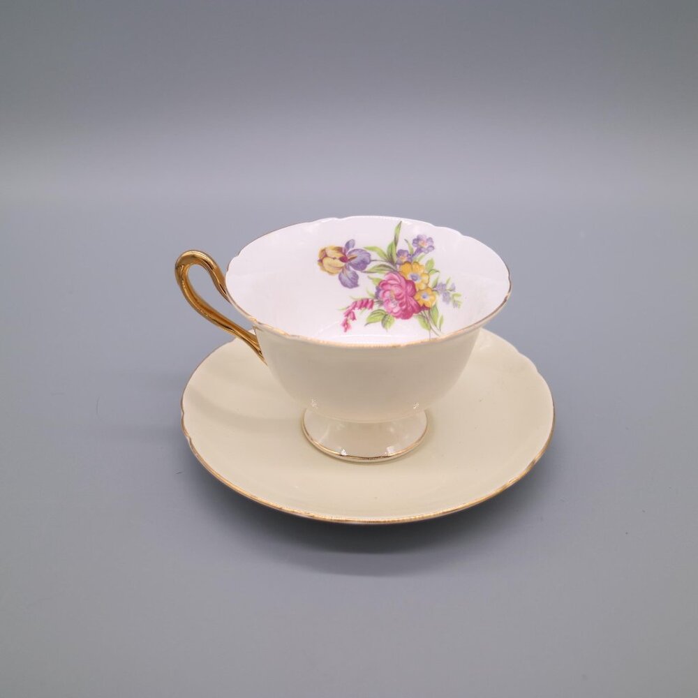 Shelley Bone China England Eggshell White with Flowers Floral Cup and Saucer